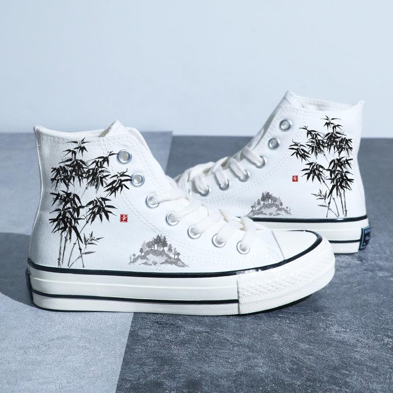 Kinesisk stil lærredssko Retro Landskabsmaling Lotus Pond Bambus Skov Student High-top Board Sko - poppivie