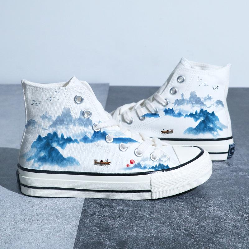 Kinesisk stil lærredssko Retro Landskabsmaling Lotus Pond Bambus Skov Student High-top Board Sko - poppivie