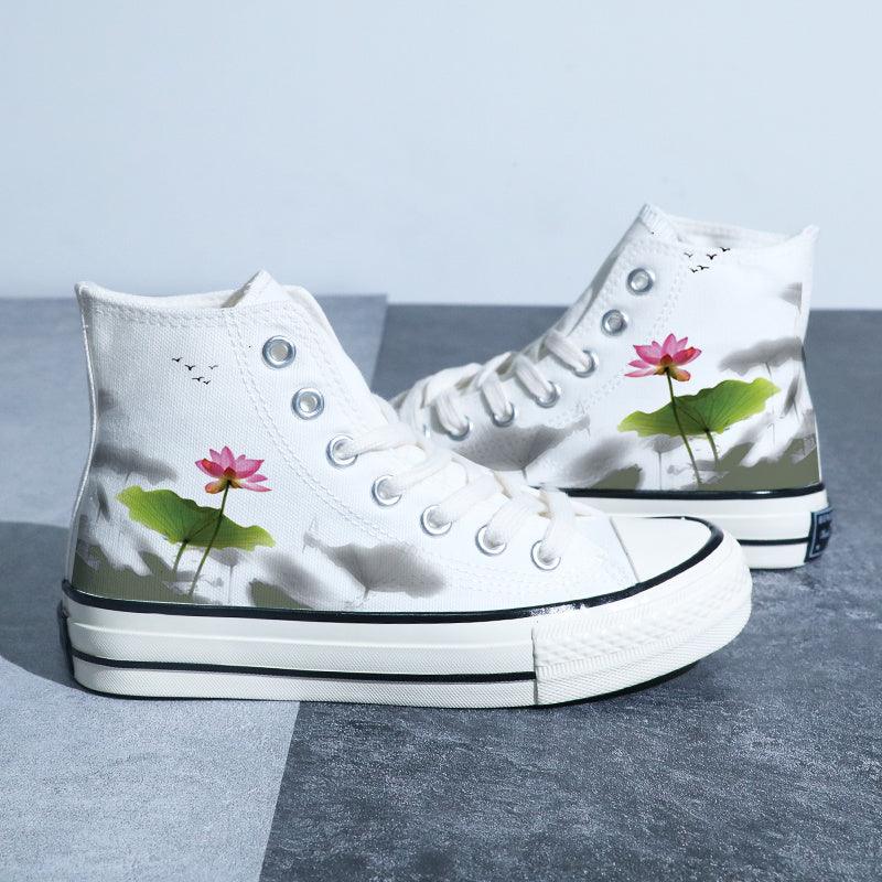 Kinesisk stil lærredssko Retro Landskabsmaling Lotus Pond Bambus Skov Student High-top Board Sko - poppivie