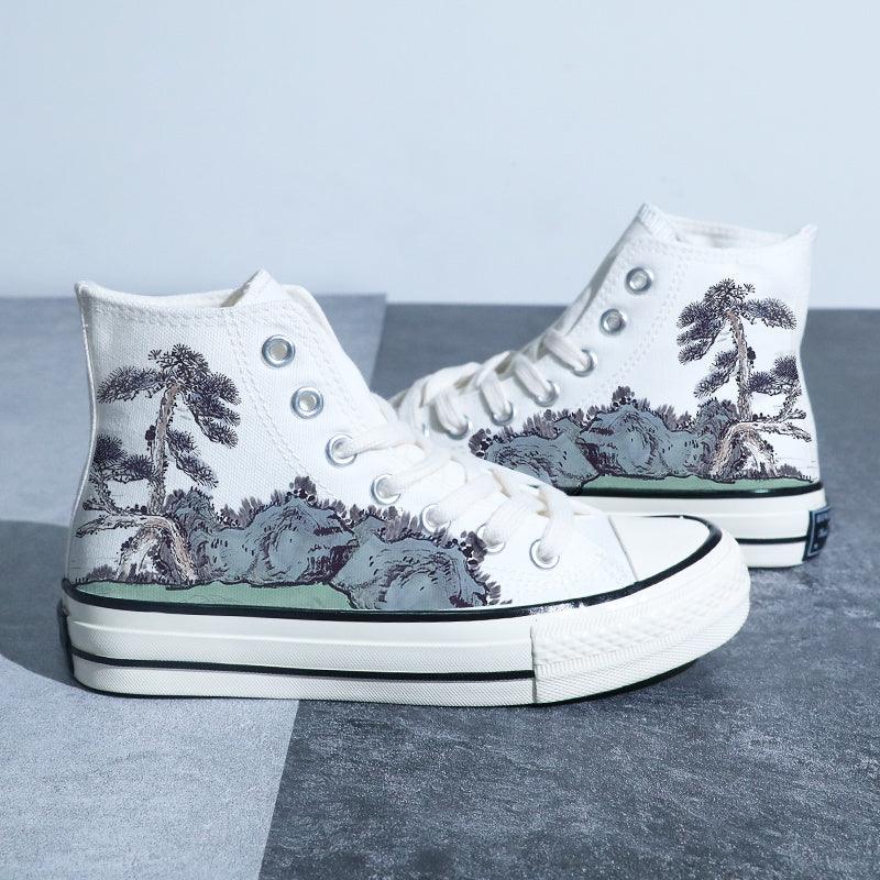 Kinesisk stil lærredssko Retro Landskabsmaling Lotus Pond Bambus Skov Student High-top Board Sko - poppivie