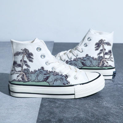Kinesisk stil lærredssko Retro Landskabsmaling Lotus Pond Bambus Skov Student High-top Board Sko - poppivie