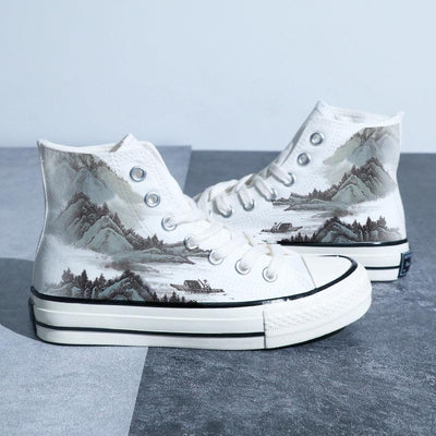 Kinesisk stil lærredssko Retro Landskabsmaling Lotus Pond Bambus Skov Student High-top Board Sko - poppivie