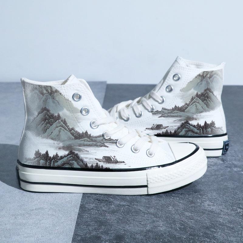 Kinesisk stil lærredssko Retro Landskabsmaling Lotus Pond Bambus Skov Student High-top Board Sko - poppivie