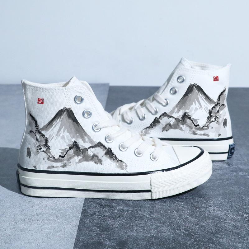 Kinesisk stil lærredssko Retro Landskabsmaling Lotus Pond Bambus Skov Student High-top Board Sko - poppivie
